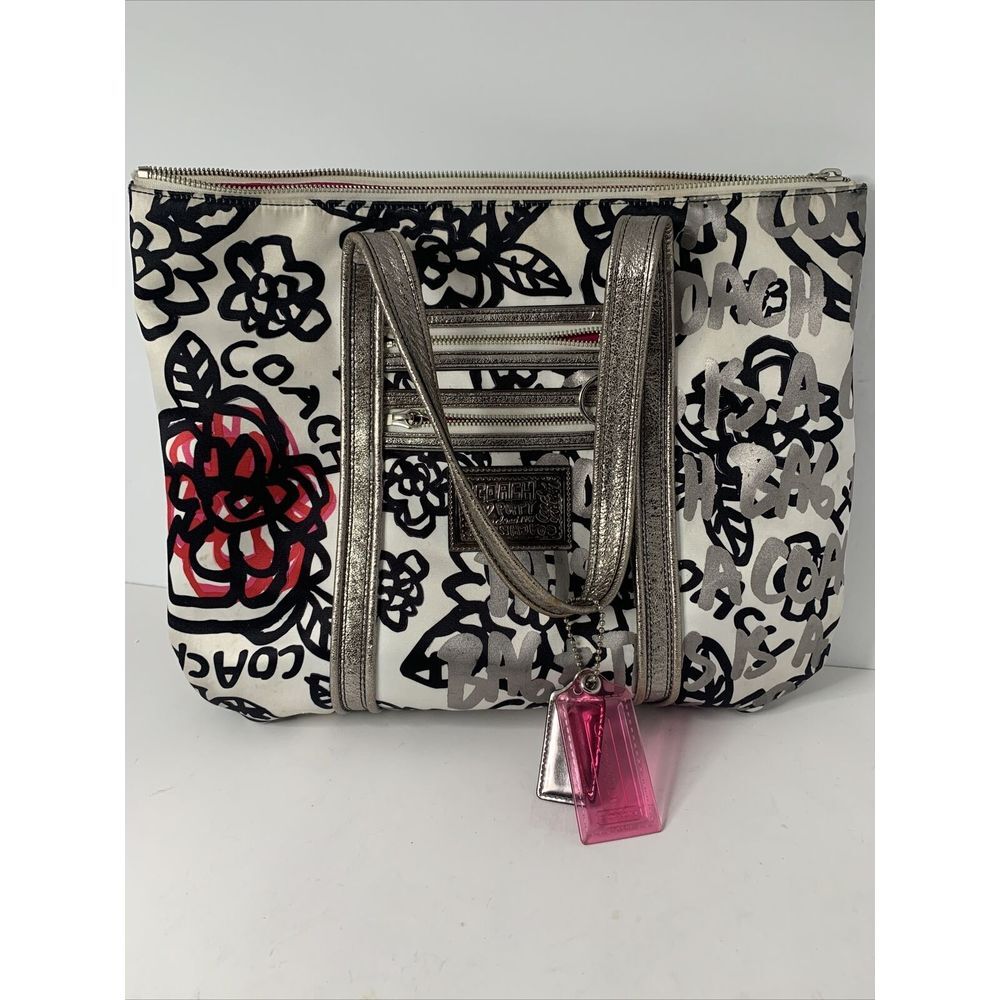 Coach 14741 New Poppy White Multi Floral Graffiti Glam Tote Bag